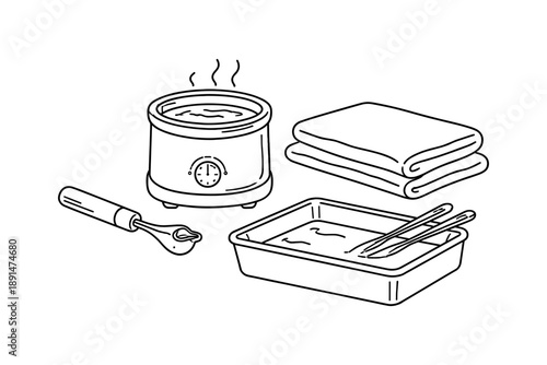 Spa waxing essentials: heater, spatula, towels, and wax tray in linear design