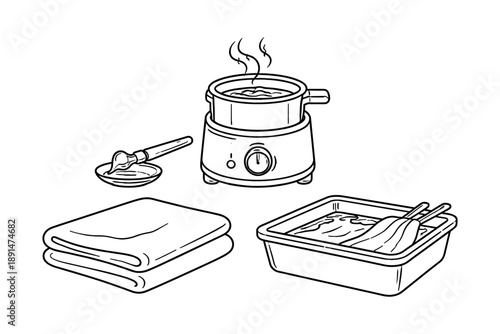 Spa wax heater with towels and applicator in line art style for beauty treatments