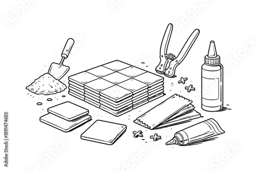 Home renovation tools and supplies for diy tiling projects in black and white style