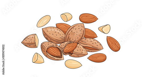 A vibrant and detailed illustration showcasing a delightful heap of natural almonds, featuring both whole shelled nuts and various forms of raw,
