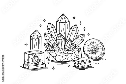 Linear crystal collection with geode and gemstones in black and white design