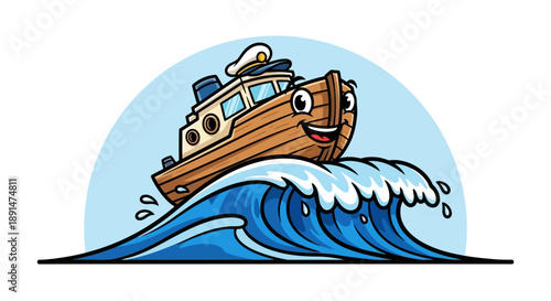 Smiling boat on ocean wave.