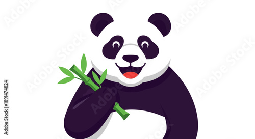 Smiling Cartoon Panda Holding Bamboo.