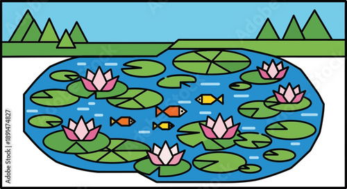 Fotografie Serene Pond with Water Lilies and Fish.