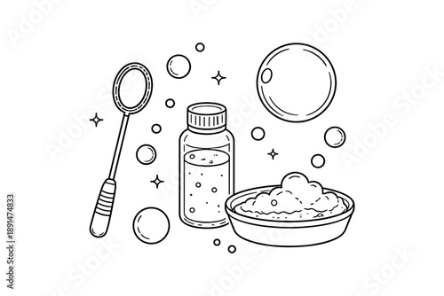 Bubble blowing set with wand, soap, and suds in hand drawn style