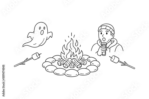 Campfire marshmallow roast with ghostly surprise in minimalist style