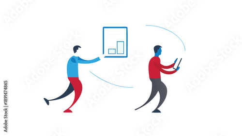 Two business partners in casual wear exchanging documents and ideas in a modern flat vector illustration