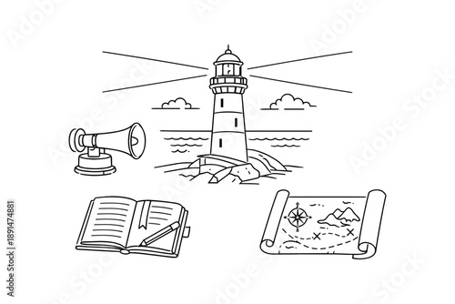 Nautical line art: lighthouse, telescope, map, and journal