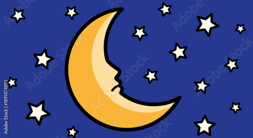 Smiling crescent moon at night.