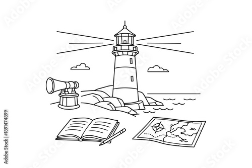 Linear nautical scene with lighthouse, telescope, and map for navigation theme