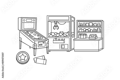 Arcade retro games outline with claw machine and coin in black and white design