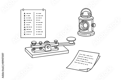 Line art of morse code equipment with telegraph key, lantern, and code sheet