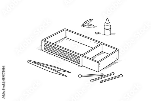 Minimalist matchbox line art with matches and tweezers in black and white