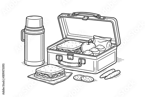 Black and white linear drawing of a lunchbox with thermos and snacks