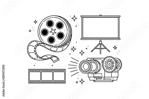 Cinematic icons: retro film projector with screen and movie reel in linear style