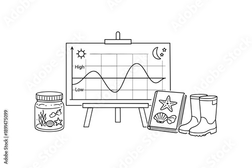 Simple tidal graph with marine elements and weather icons in black and white