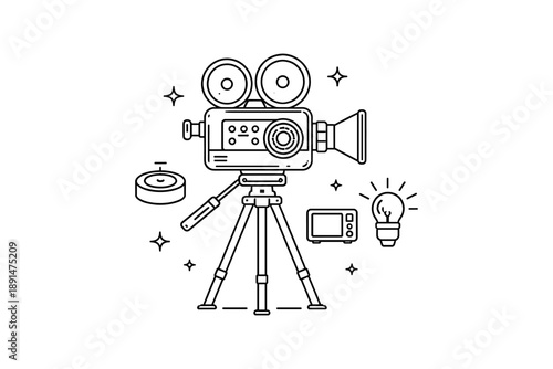 Classic linear film camera with tripod and accessories in minimalist style