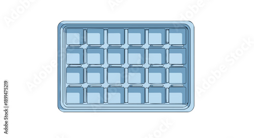 A fresh blue plastic ice cube tray filled with twenty-four perfectly formed frozen water cubes ready for cooling beverages on a hot day simple design