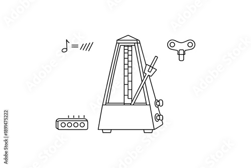 Minimalist music icon set with metronome and musical symbols in linear style