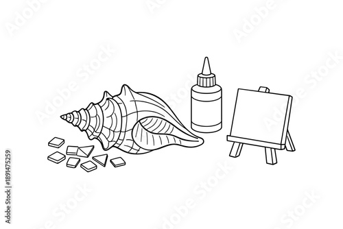 Coastal creativity: seashell, canvas, and craft supplies in linear design