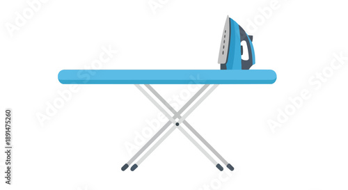 Contemporary household ironing setup featuring a bright blue board and a sleek modern steam iron, ready for effective garment care and wrinkle
