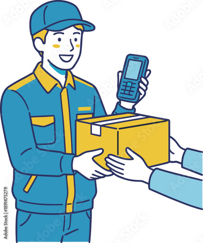 Delivery worker handing a package while checking a handheld device, courier service illustration