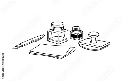 Vintage office supplies with ink bottles and fountain pen in linear style