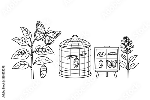 Butterfly life cycle: from caterpillar to chrysalis in line art