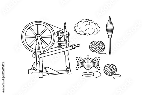 Traditional spinning wheel and yarn elements in black and white outline