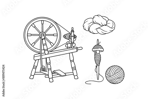 Traditional spinning wheel and yarn elements in linear style