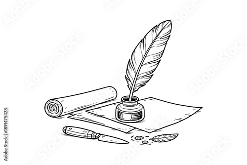 Vintage feather quill and ink bottle with scroll and paper in hand drawn style