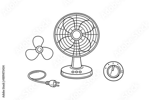 Outline drawing of electric fan components: simplistic home appliance design