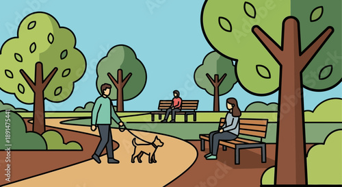 Man Walking Dog in Park Scene.