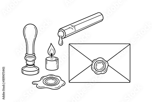 Vintage wax seal set: envelope, candle, stamp, and seal in black outline style
