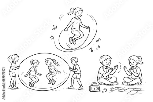 Children playing games: jump rope and hand clapping in playful outline style