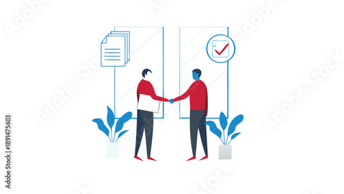 Two businessmen shaking hands in office sealing agreement with documents and clock