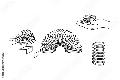 Minimalist spring toy on stairs and hand in linear style