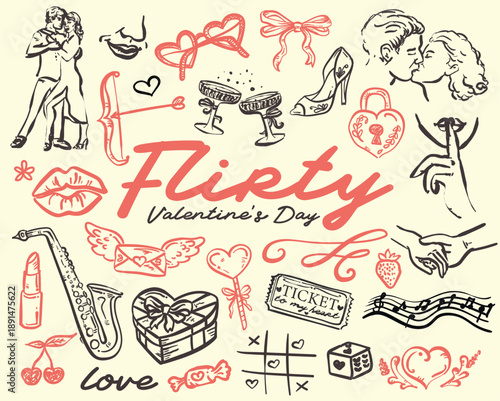 Cute Flirty Valentine's Day hand drawn Whimsical illustration set, vector doodles