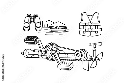 Linear nautical elements: binoculars, life jacket, boat, and pedal propeller