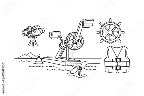 Nautical equipment line art: ship wheel, binoculars, life jacket, propeller for marine exploration