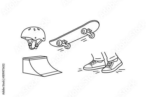 Minimalist skateboarding gear and park elements in linear art style