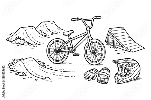 Bmx setup with dirt track, ramp, and safety gear in detailed line art