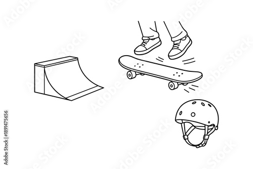 Minimalist skateboarding setup with ramp and safety gear