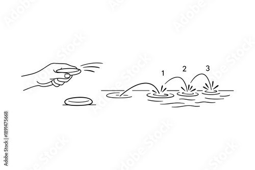 Hand throwing stone creating skipping ripples on water in minimalistic line art