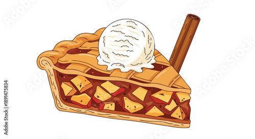 A delightful illustration of a warm baked apple pie slice topped with a generous scoop of melting vanilla ice cream and a fragrant cinnamon stick