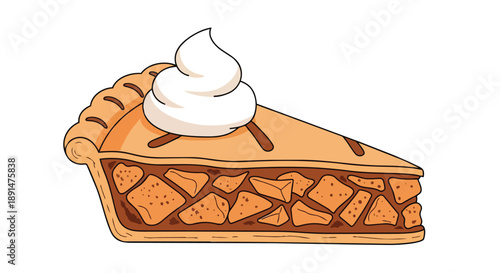 A delightful cartoon illustration of a golden-crusted dessert slice featuring chunky fruit filling and a generous dollop of creamy white topping