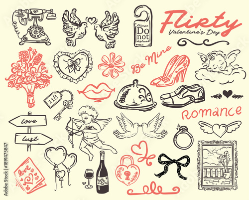 Cute Flirty Valentine's Day hand drawn Whimsical illustration set, vector doodles