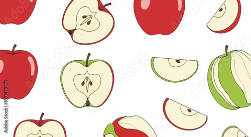 Vibrant red and green apples in a delightful pattern whole halves and wedges a fresh fruit composition for healthy designs and wholesome culinary