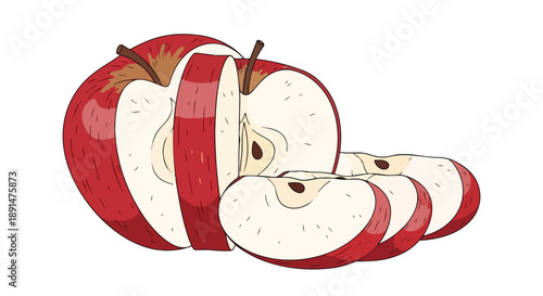 Vibrant cartoon illustration of a perfectly sliced red apple ready for a healthy snack or recipe