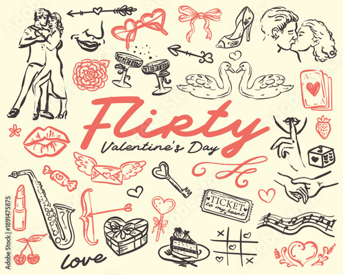 Cute Flirty Valentine's Day hand drawn Whimsical illustration set, vector doodles